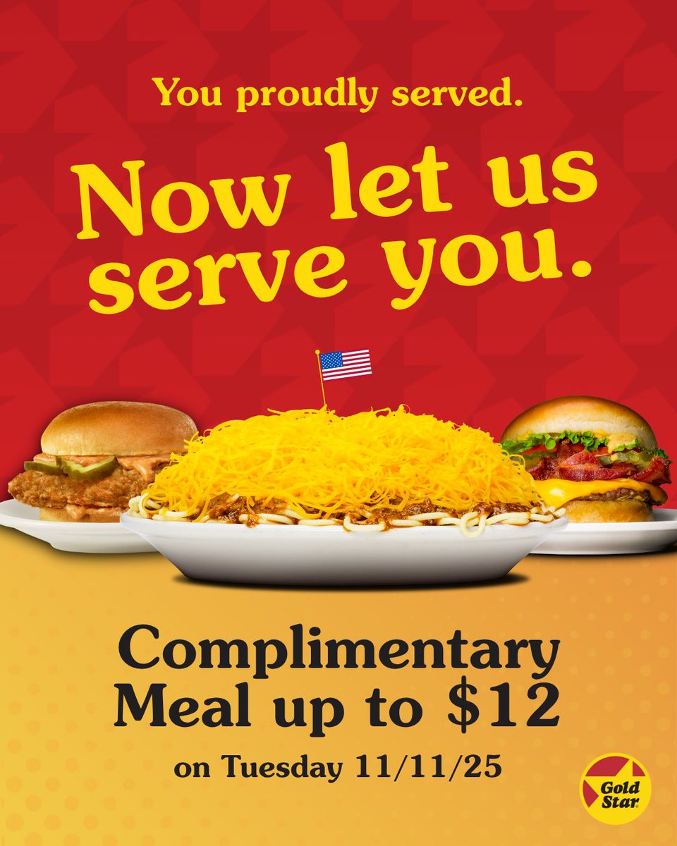 goldstarchili's tweet image. We invite all Veterans &amp;amp; Active Duty Military to join us for a complimentary meal up to $12 off their entire order with proof* of military service 🇺🇸🫡🇺🇸