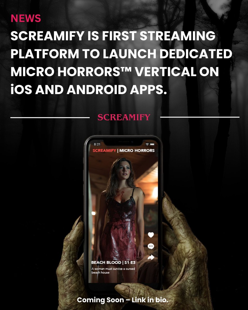 🩸Screamify will become the first streaming platform to launch a dedicated #MicroHorrors vertical — terrifying, bite-sized horror built for your phone.

This groundbreaking new format will change how fans watch and experience horror.

#Screamify #microhorror #microhorrors
