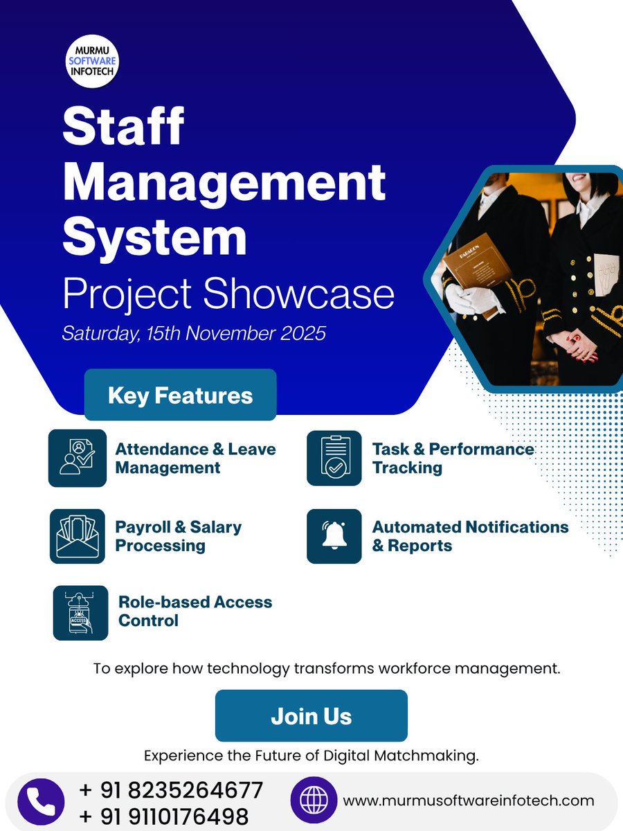 MurmuSoftware's tweet image. Transform Your Staff Management — From Chaos to Clarity ⚙️
Tired of messy spreadsheets and manual tracking? 📊
Meet the Staff Management System by Murmu Software Infotech — your smart solution

📞 +91 9110176498
🌐 murmusoftwareinfotech.com

#StaffManagementSystem #MurmuSoftware