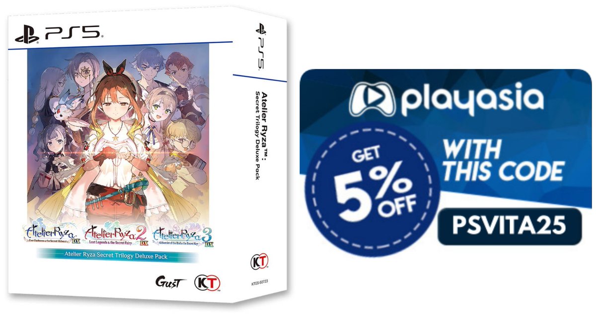 Le pack Atelier Ryza Secret Trilogy DX est disponible sur #PS5

Version Asia incluant les trois jeux en anglais 🇬🇧

➡️play-asia.com/atelier-ryza-s…

Code PSVITA25 = 5% de réduction