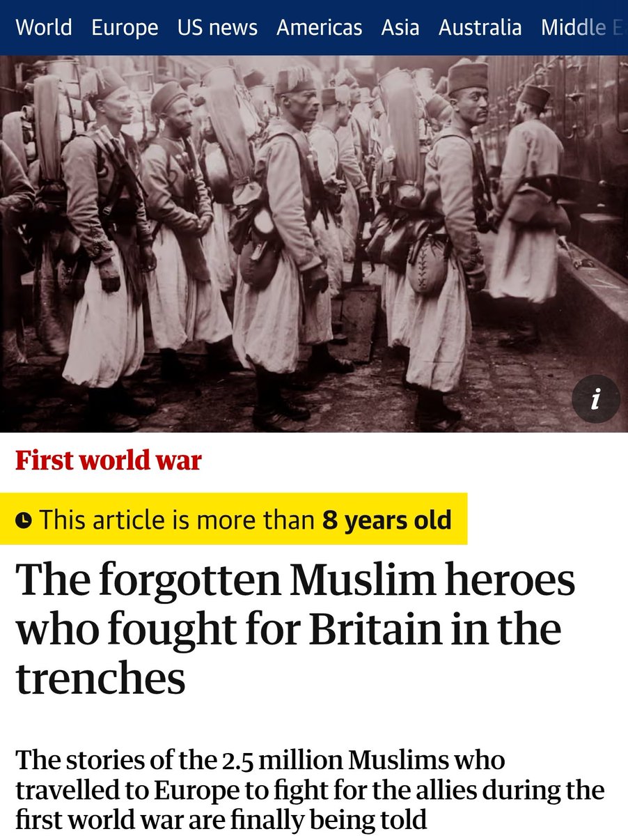 Vandaag herdenk ik de 2,5 miljoen moslims die naar Europa zijn gereisd om voor de geallieerden te vechten tijdens de Eerste Wereldoorlog.

Ja, wij moslims hebben hier ook gevochten.

Aan jullie zijde.

Toen waren we geen "probleem", he?

Graag gedaan.

I guess.