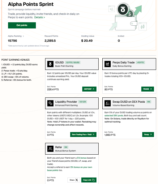 brayannpc's tweet photo. Today I'll show you my strategy for earning points in the new @StandX_Official   campaign.

My daily routine involves performing several swaps per day; that's what's giving me a lot of points: 1,983 PTS.

I have 50 tDUSD in perpetual contracts and now I have 228.3 PTS accumulated.

I have 80 PTS accumulated in trading; the rule is that a trade of 100 tDUSD is worth 10 PTS. Since I'm not good at trading, I'm focusing more on doing several swaps.

This is my current strategy. It may not be the most profitable in terms of earning points; I haven't yet tested creating a Liquidity Provider. I'll try to track my point earnings for a week and maybe I'll change the strategy the following week.
#StandX #StandxAlpha