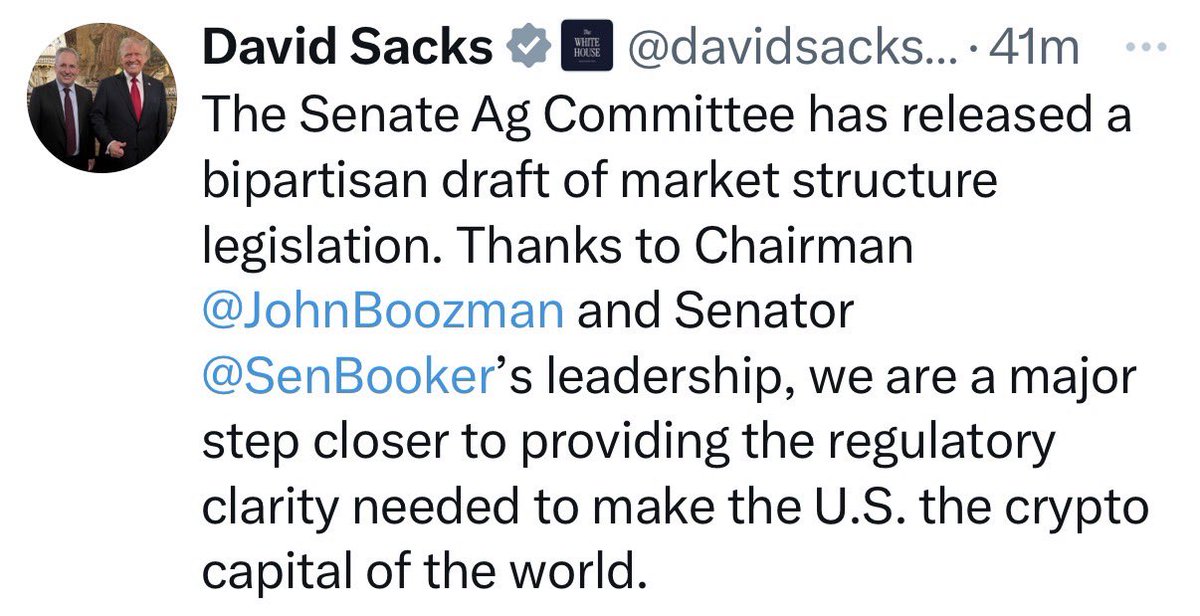 🚨 BREAKING NEWS:

DAVID SACKS, DONALD TRUMP‘S CRYPTO CZAR, SAYS: 

„WE ARE A MAJOR STEP CLOSER TO PROVIDING THE REGULATORY CLARITY NEEDED TO MAKE THE U.S. THE CRYPTO CAPITAL OF THE WORLD!“ 🌎 

#XRP = THE ONLY DIGITAL ASSET WITH REGULATORY CLARITY IN THE US! ⚖️