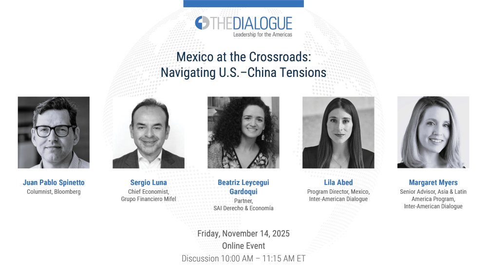 The_Dialogue's tweet image. How will #Mexico’s approach to Chinese investment shape North American competitiveness ahead of the 2026 #USMCA review?

Join the Dialogue Nov. 14 (10–11:15am ET) for a discussion on Mexico-#China ties + implications for the U.S. &amp;amp; #Canada.

RSVP: thedialogue.org/event/online-e…