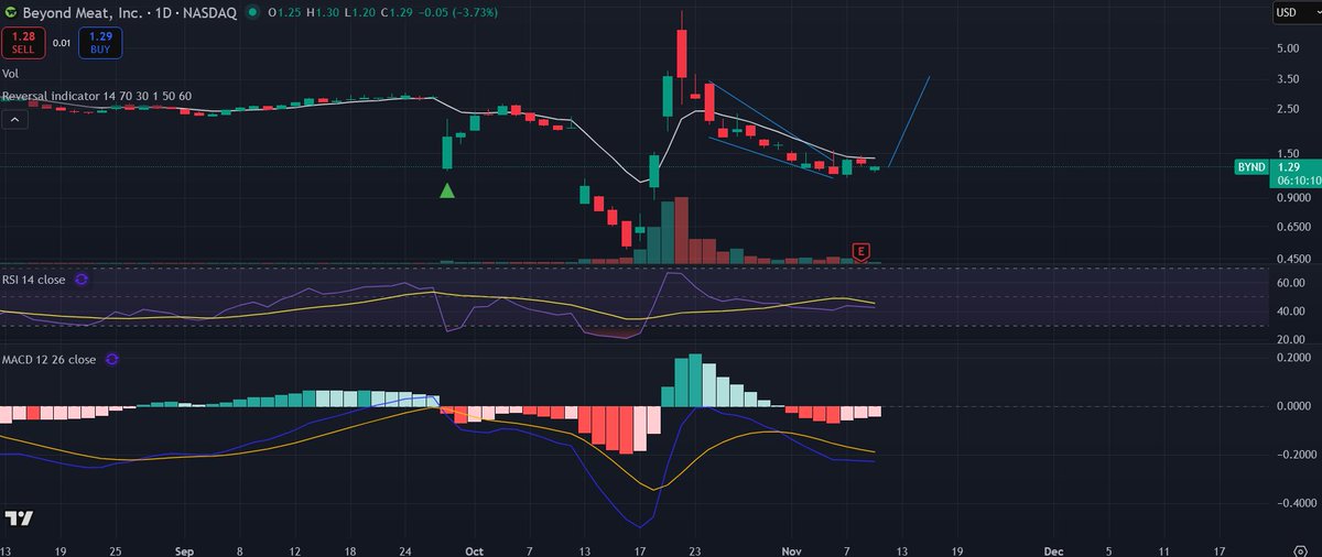 Sqwii's tweet image. $BYND risky play but fast mover - earnings is out of the way and conference call is coming tomorrow - heavy shorted stock - if it breaks 1.5 I think this one can run very fast, keep eye on CC tonight after close #bullish #chart #bullflag