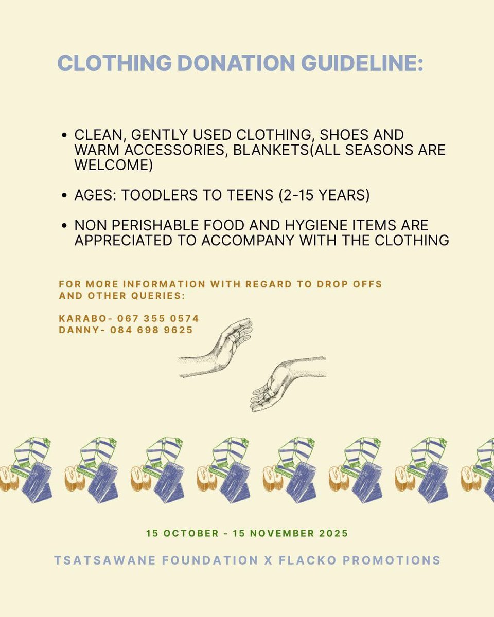 FlackoPR_SA's tweet photo. Tsatsawane Foundation x Flacko Promotions presents the Clothing Donation Drive

We’ve always believed in spreading love and kindness to those in need. This is our way of giving back and paying it forward, one kid at a time! 

#ChildrenClothingDonationDrive https://t.co/ZtBMLz5cl3