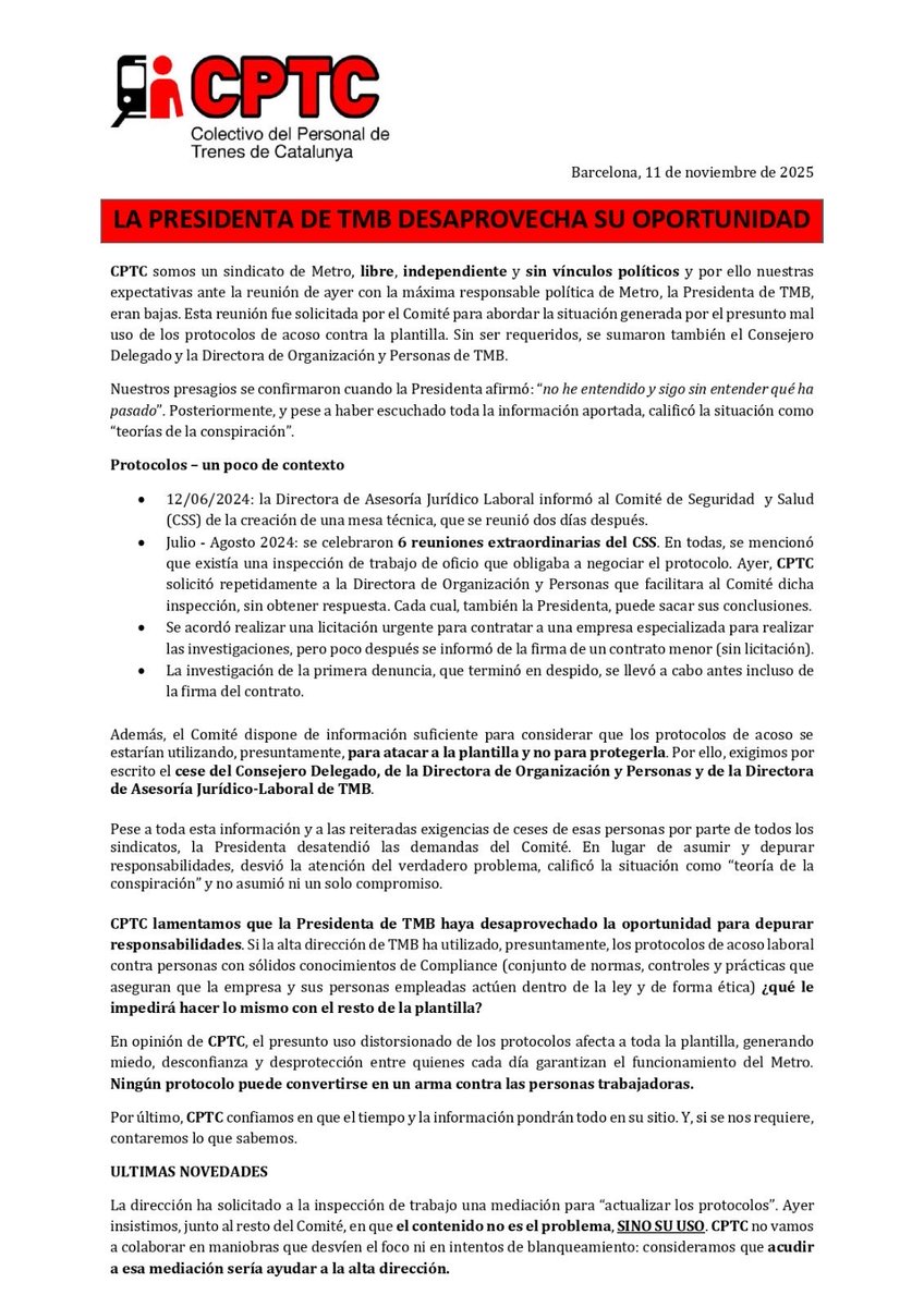 La Presidenta de #TMB desaprovecha su oportunidad de depurar responsabilidades.

Adjuntamos escrito sobre la reunión de ayer sobre el uso que se hace por parte de la alta dirección de los protocolos de acoso. #metrobcn 

¡Saludos!