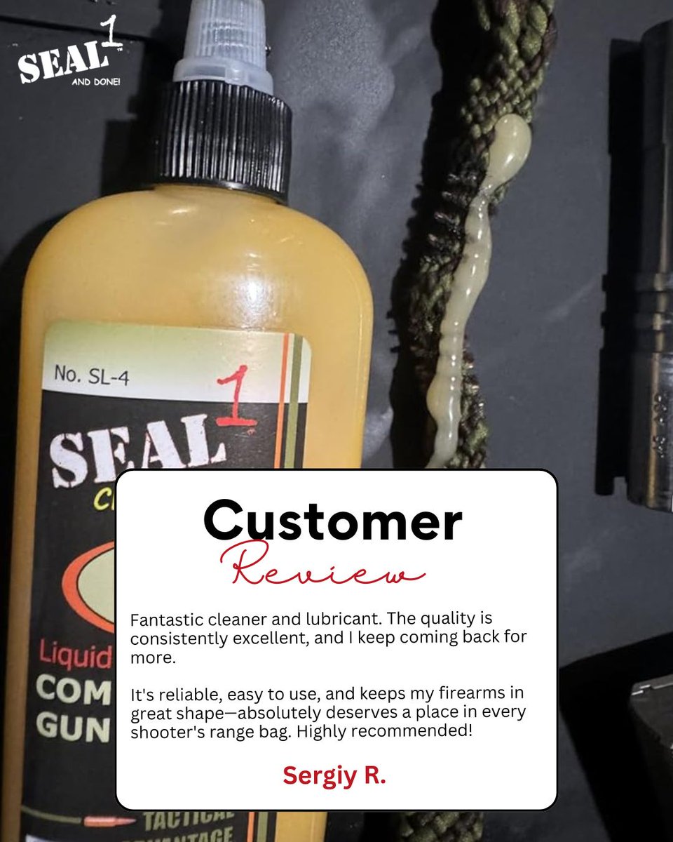 SEAL1Products's tweet image. 🔧 No more grime, rust, or unreliable gun care!

Thank you, Sergiy, for trusting SEAL 1® to keep your firearms performing at their best! 🙌

When you want one solution that cleans, lubricates, and protects — visit SEAL1.com. 🧴💪

 #SEAL1 #GunCareDoneRight