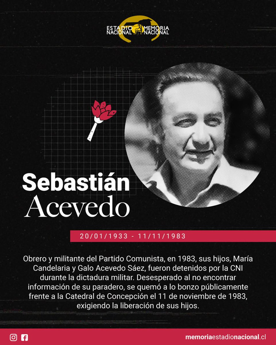 RadioUmbral's tweet photo. 11 de noviembre de 1983
 Sebastián Acevedo Becerra padre de María Candelaria y Galo prende fuego a su cuerpo
Desde entonces, en los alrededores de la Catedral de Concepción se escucha
Un susurro 
Una voz 
Un grito 

QUE LA CNI ME DEVUELVA A MIS HIJOS.!!!  

Honor y gloria eterna https://t.co/Y0MXY43wX4