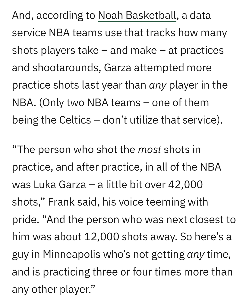 Luka Garza, the grind is real. Even when not playing 

"The person who shot the most shots in practice, and after practice, in all of the NBA was Luka Garza ...

So here’s a guy in Minneapolis who’s not getting any time, &amp; is practicing 3 or 4 times more than any other player.”