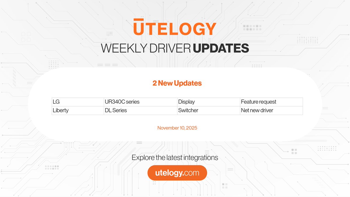 🚀 Stay ahead of every update.

Get the latest Utelogy driver releases delivered straight to your inbox and keep your AV/IT environment fully optimized.

👉 Subscribe for alerts: ow.ly/JE0Z50XpZ0f

#Utelogy #AVIntegration #PlatformUpdate #DeviceManagement #SmartWorkspaces