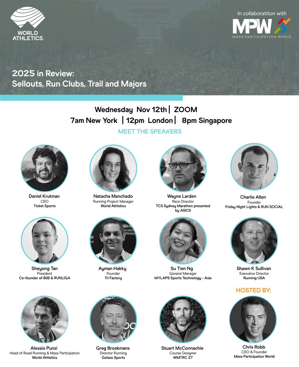 punzi_a's tweet photo. FREE webinar Wed. 12 Nov, 1pm CET: https://t.co/EHCnRp2oe9

International panel explores:
⭐ TCS Sydney Marathon – the 7th Star
🌍 Cape Town 2027 WMTRC host
🏃 Run-club boom
🎧 Running > clubbing: Gen Z trends
📊 Global registration insights
🗓 Upcoming industry conferences https://t.co/6NJ4CUZrXk
