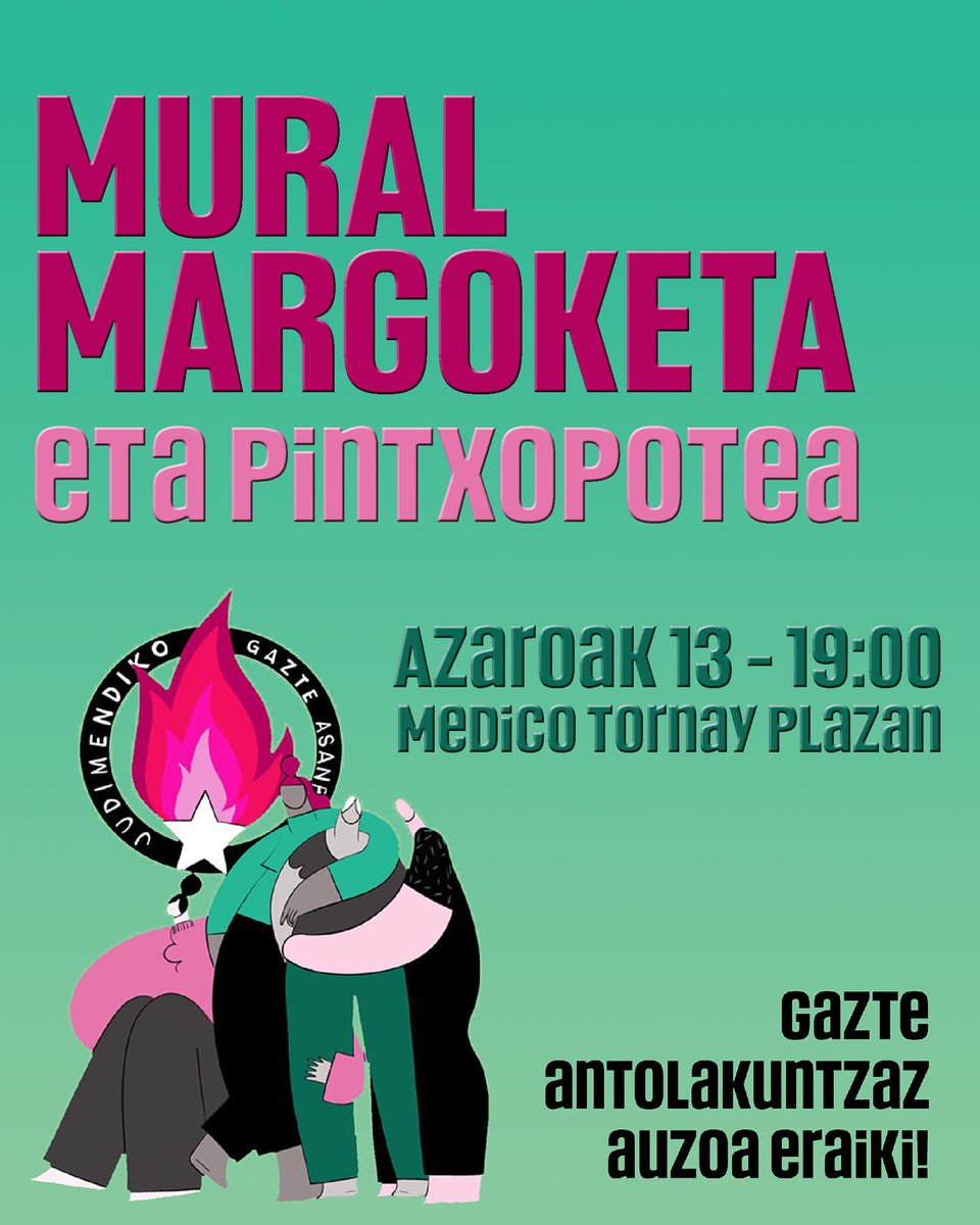JudimendikoGA's tweet photo. Aupa Gazte!

Datorren ostegunean, azaroak 13, Judimendiko Gazte Asanbladaren ikasturteko lehenengo ekintza egingo dugu! 19:00etatik aurrera, Mediko Tornay plazan elkartuko gara mural margokoeta eta pintxopotea egiteko. Anima zaitez!

Gazte antolakuntzaz auzoa eraiki!😈✊🏼 https://t.co/kAGb0n1diw