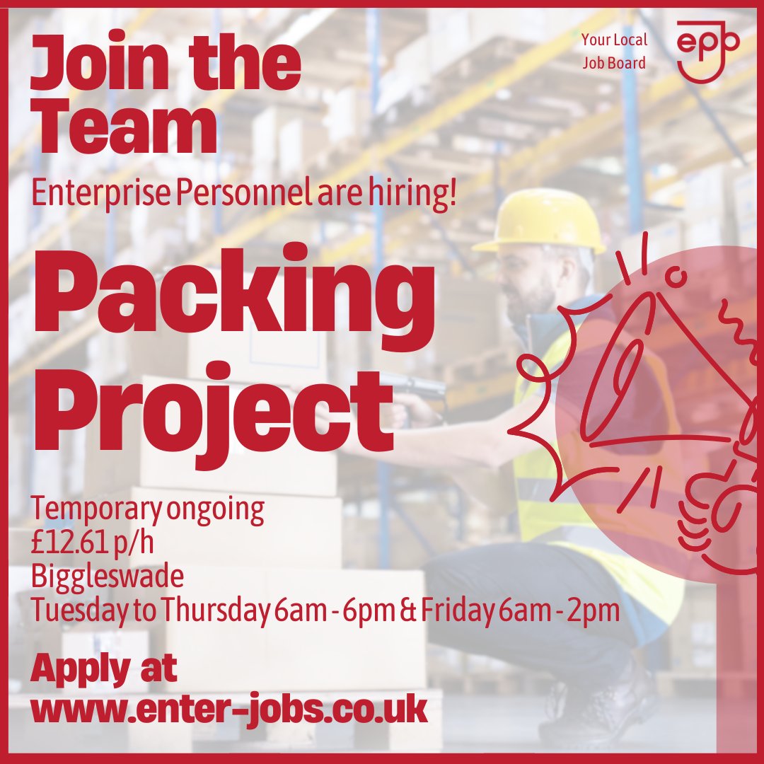 EnterJobs's tweet image. Enterprise Personnel&apos;s client are seeking individuals to work on a Packing Project in Biggleswade.
Apply now via our website! 

#packingproject #temporarywork #temporaryjobs #packingoperative #packingproducts #tempwork #dayshifts #packingjobs #biggleswade #bedfordshire