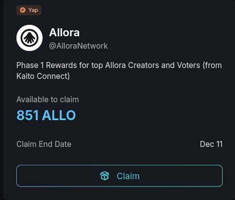Congrats to me got 851 $ALLO from <a href="/AlloraNetwork/">Allora</a>.
The current value is around $600. And yes I’ve been yapping and supporting Allora for almost 6 months so honestly I was expecting something bigger. But it’s okay.

InshaAllah hoping for better rewards from <a href="/TheoriqAI/">Theoriq</a> and <a href="/reya_xyz/">Reya</a>