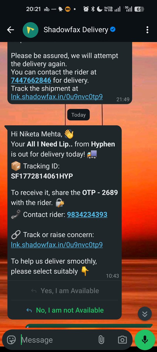 niketa87's tweet photo. The worst delivery service received by @shadowfax_in and @letshyphen waiting for a delivery since 4 days with no good response and service. Delivery attempt failed everytym with false update. Need a refund + compensation of mental harassment by the delivery partner and hyphen. https://t.co/AJ6vk9Wafc