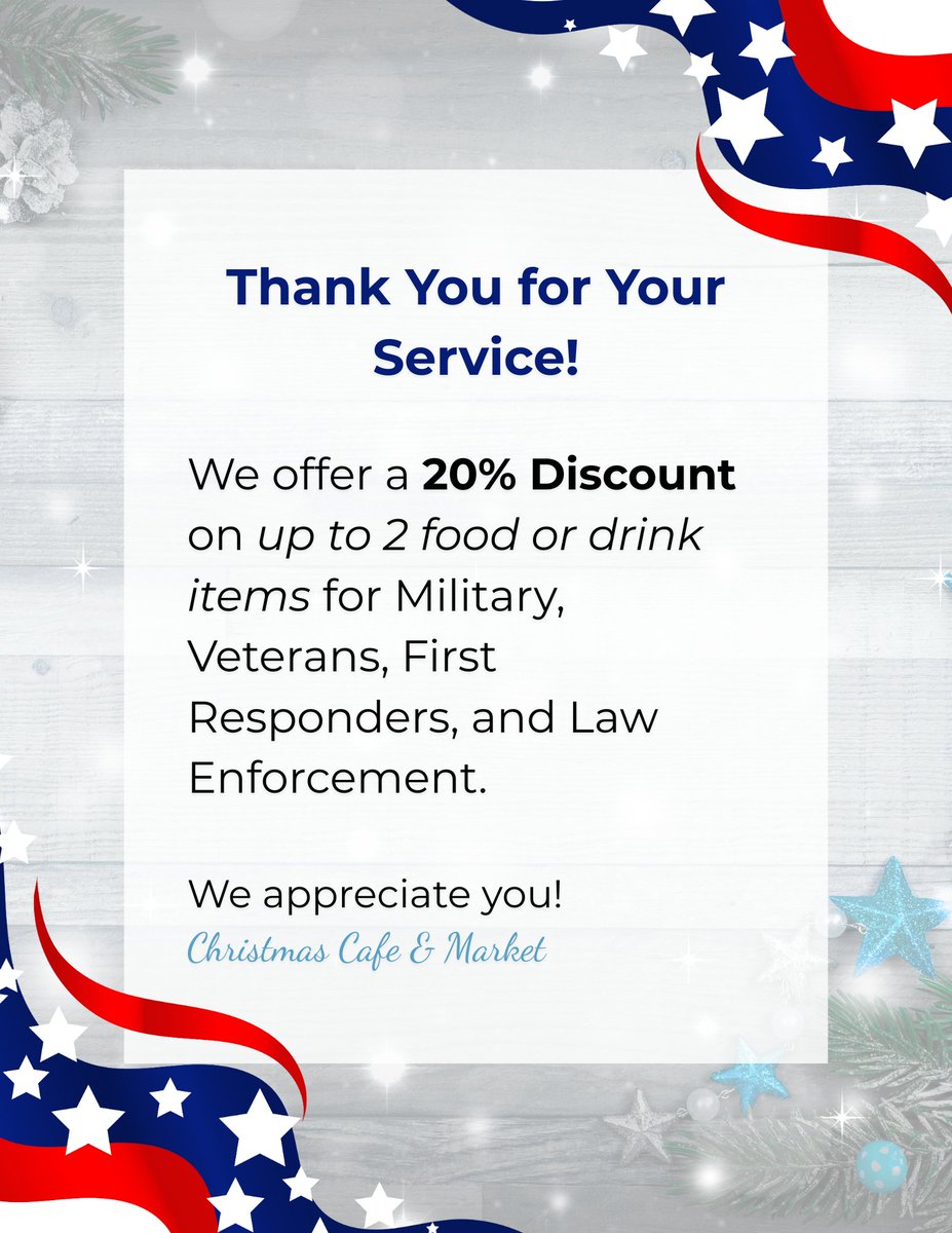 🎖️ Thank You for Your Service! 

🎄 Stop by and enjoy a festive treat — it’s our way of saying thank you!

📍 8317 Front Beach Rd STE 43, Panama City Beach (Promenade Mall front right building)

#ChristmasCafe #PanamaCityBeach #HolidayCheerAllYear #MilitaryDiscount #VeteransDay