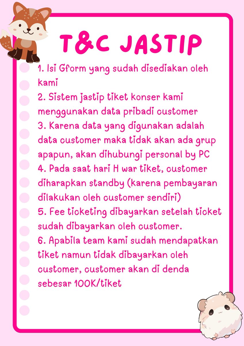 OPEN JASWAR

TREASURE TOUR - PULSE ON IN JAKARTA

💰FEE 200 - 350K/TIKET (TANPA FEE BOOKSLOT)

🐹 Pakai Data Diri Pribadi
🦊 Presale/Gensale
🐹 Fee dibayar setelah tiket sudah didapatkan
🦊 Selfpayment

Yuk boleh tanya tanya dulu di DM