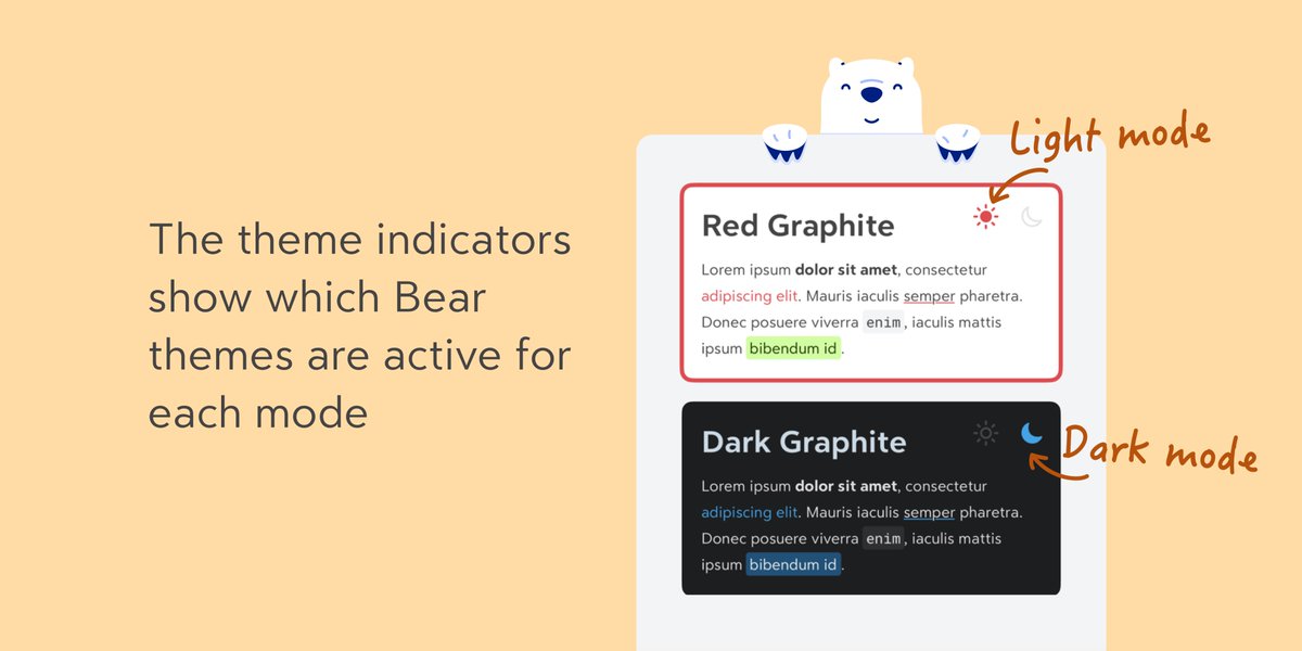 BearNotesApp's tweet image. #BearTips Bear’s theme indicator shows your active theme for Light/Dark Mode.

Look for the little sun &amp;amp; moon next to the theme name! ☀️🌙