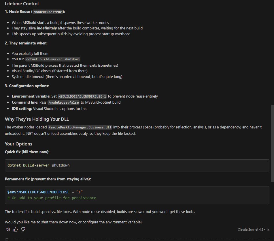 awakecoding's tweet image. 💡 Pro tip for .NET devs:

If you randomly hit file locking issues during builds, lingering MSBuild worker nodes may be the cause.

🧹 Kill them:
 dotnet build-server shutdown

🛠 Disable them:
 setx MSBUILDDISABLENODEREUSE 1

#dotnet #MSBuild #VisualStudio #Roslyn