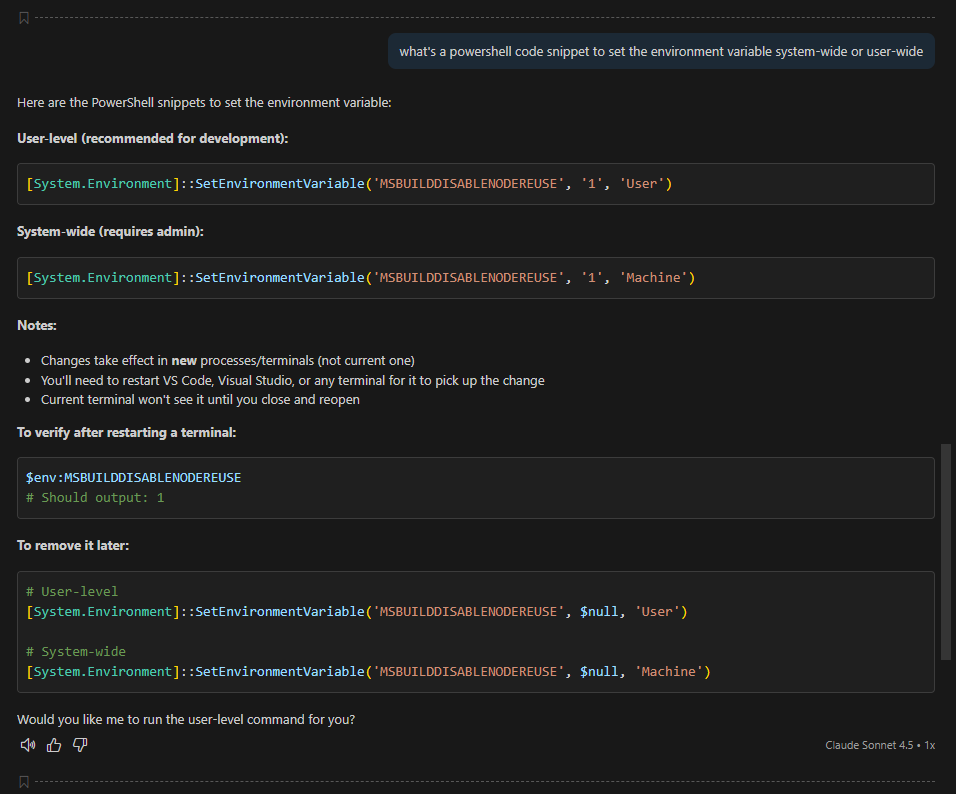 awakecoding's tweet image. 💡 Pro tip for .NET devs:

If you randomly hit file locking issues during builds, lingering MSBuild worker nodes may be the cause.

🧹 Kill them:
 dotnet build-server shutdown

🛠 Disable them:
 setx MSBUILDDISABLENODEREUSE 1

#dotnet #MSBuild #VisualStudio #Roslyn