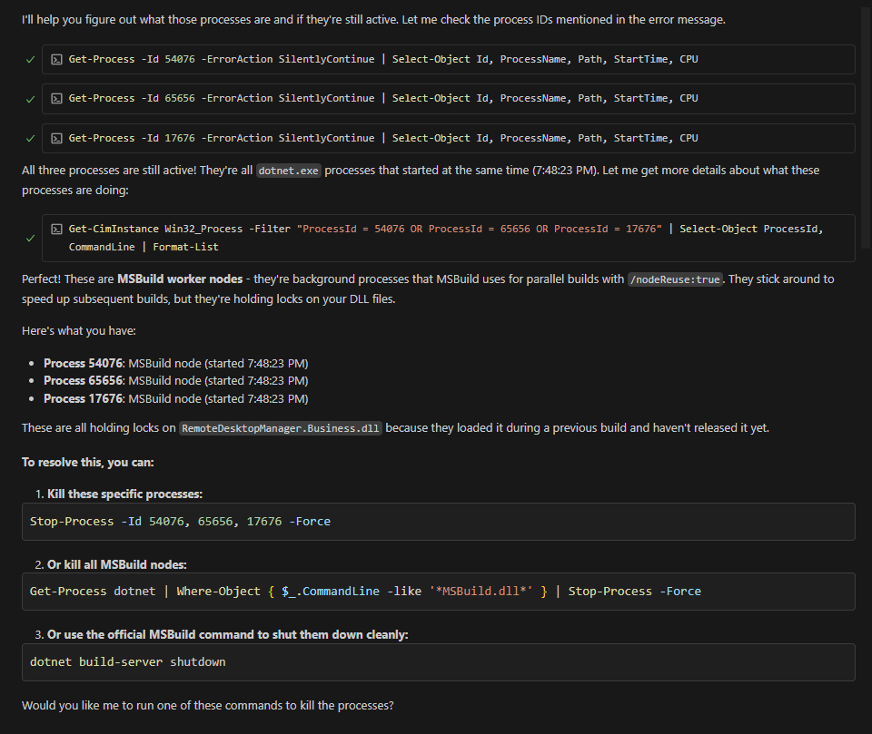 awakecoding's tweet image. 💡 Pro tip for .NET devs:

If you randomly hit file locking issues during builds, lingering MSBuild worker nodes may be the cause.

🧹 Kill them:
 dotnet build-server shutdown

🛠 Disable them:
 setx MSBUILDDISABLENODEREUSE 1

#dotnet #MSBuild #VisualStudio #Roslyn