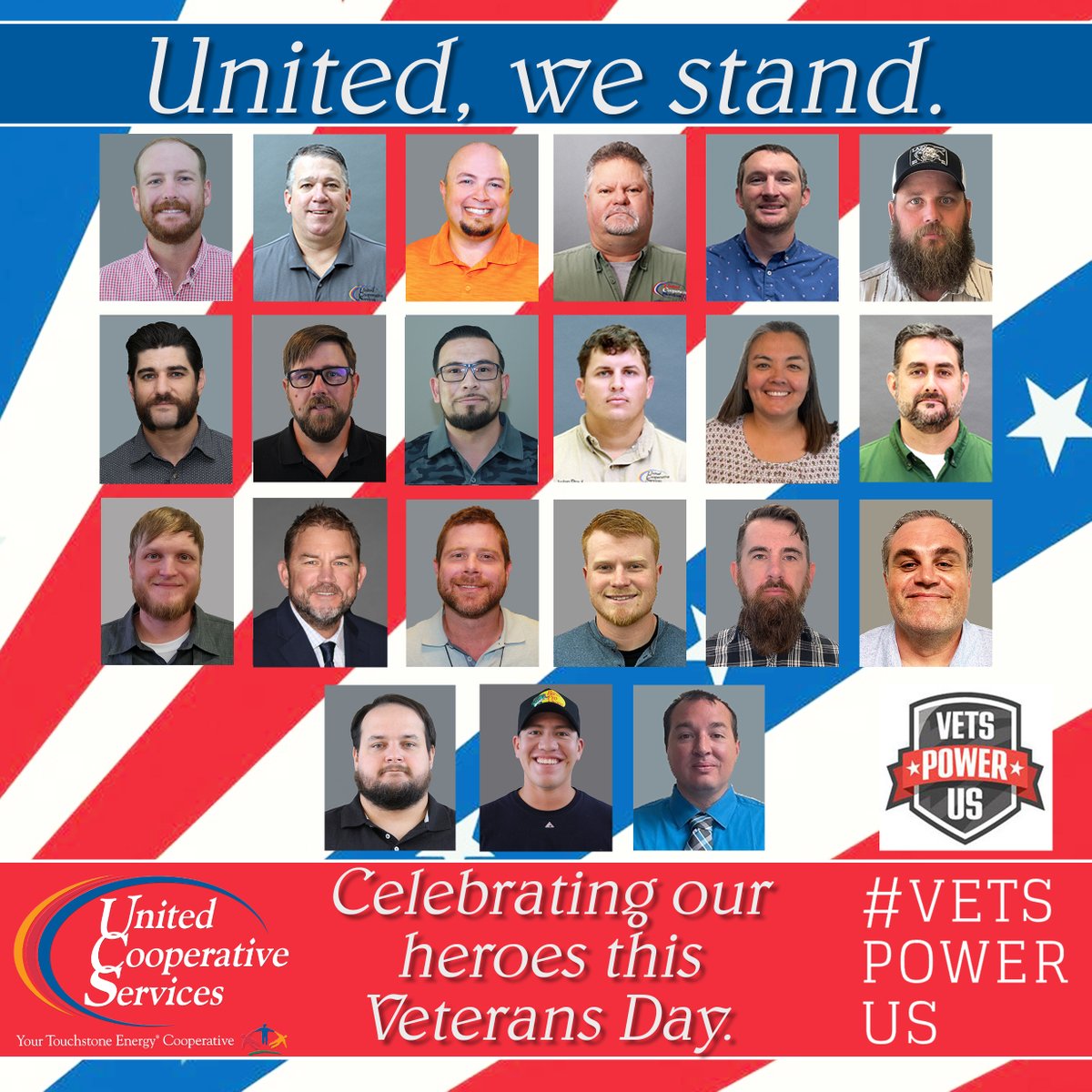 Before they served our members, they served our country in the U.S. Armed Forces. It is an honor to work with these heroes every day. Join us in thanking United’s veterans and all those who served our country. Happy Veterans Day!   #thecoopdifference #poweron #VetsPowerUs