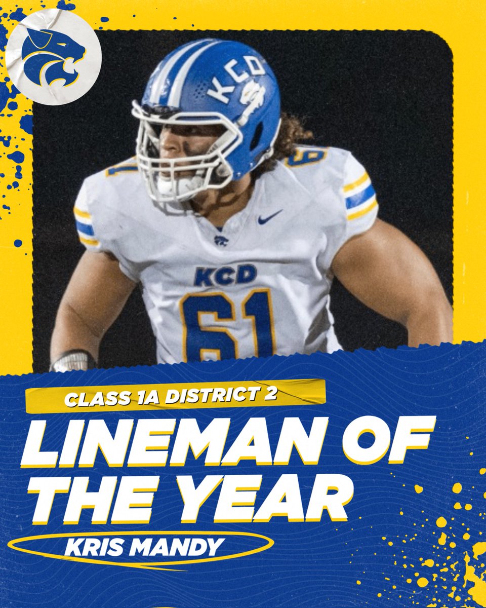 Congrats to Kris Mandy, selected as the Class A District 2 Lineman of the Year. Go Bearcats! <a href="/kcdathletics/">KCD Athletics</a> #WeAreKCD 🐾🏈