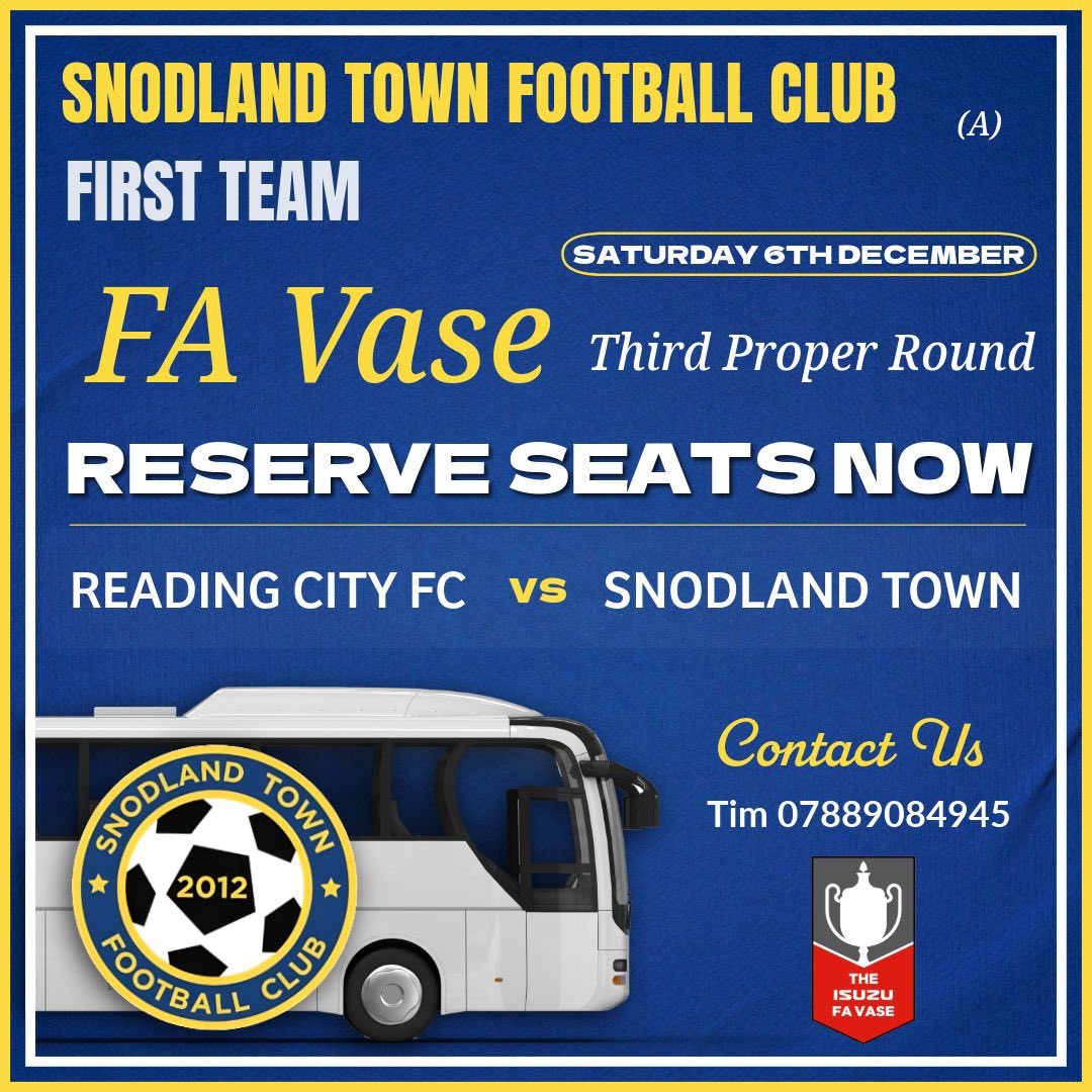 Do you fancy witnessing History? 🏆 

Snodland Town face <a href="/ReadingCityFC/">Reading City FC</a> (a) on Saturday 6th December for the Third Round Proper of the FA Vase!

If you are interested in getting a coach to the game please reserve your seat by contacting Tim by the number below! 

#UTT 🟡🔵