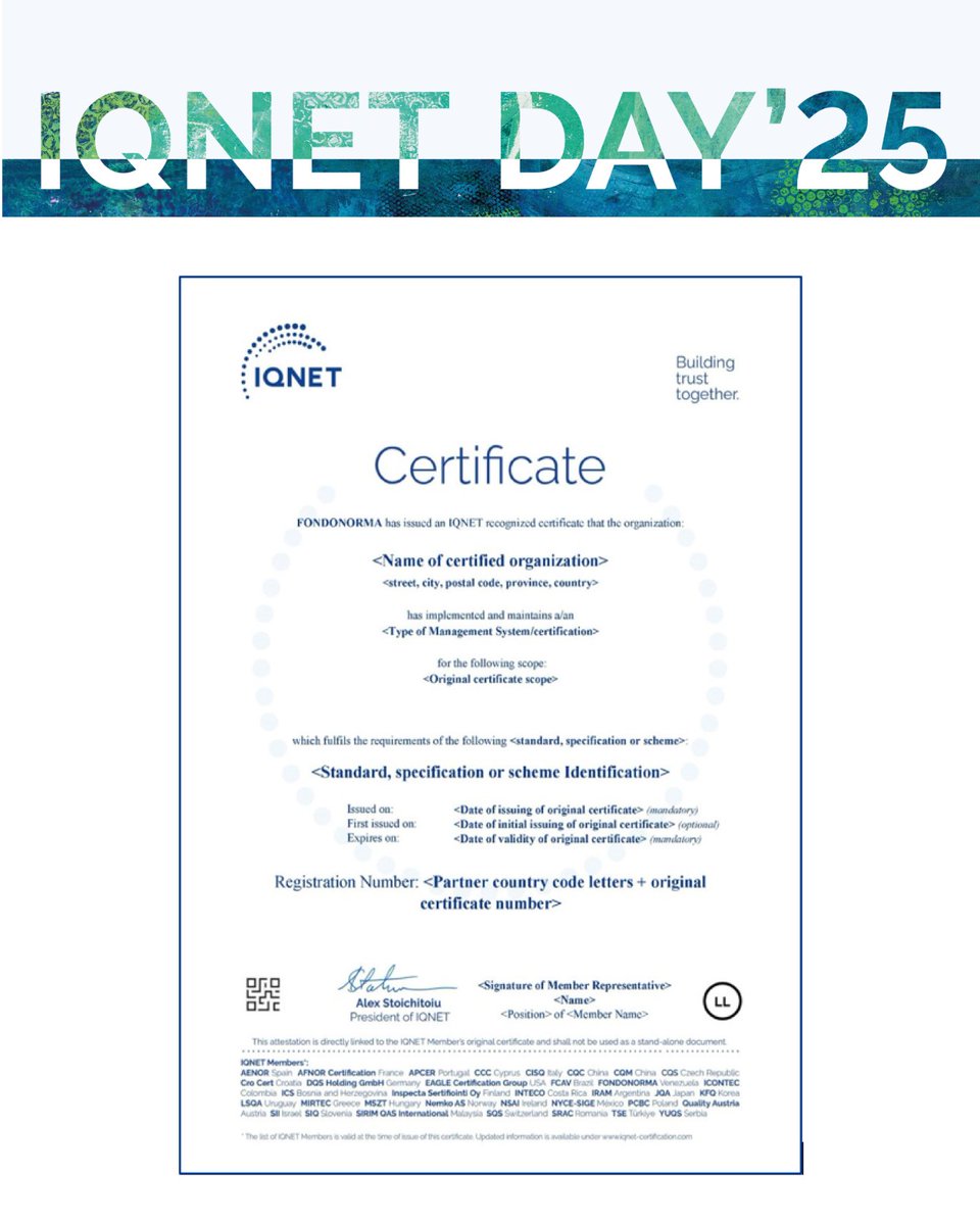 FONDONORMA's tweet image. 11 de noviembre de 2025: ‘Feliz Día IQNET’
IQNET, la Red Internacional de Organismos de Certificación, hoy se erige como una poderosa alianza global comprometida con la excelencia en la evaluación de la conformidad.

#IQNETday
