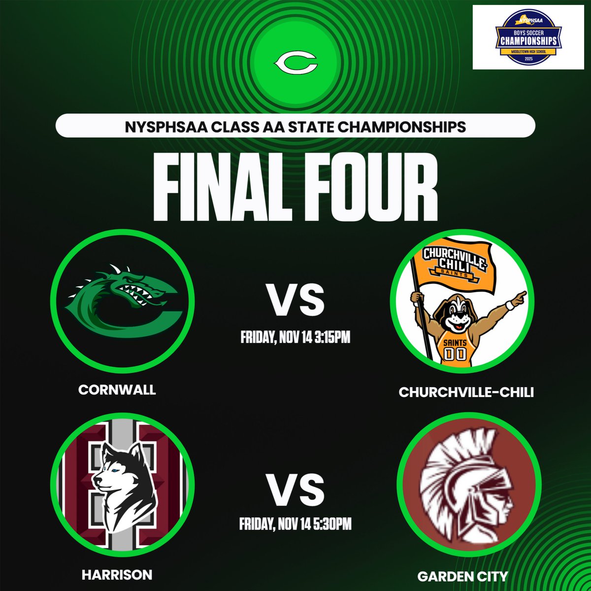 CWallDragons's tweet photo. Let’s rally behind our Cornwall Dragons as they battle Churchville-Chili in the State Semi-Final! 

Friday, November 14th * 3:15pm * Middletown HS

Bring your energy, wear your colors, and make some noise!  Let’s show the boys we’ve got their back! #definetheC @cornwall.soccer https://t.co/wAZEUMZGS5