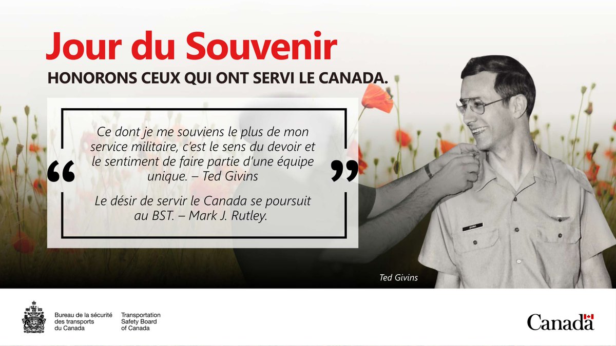 En ce jour du Souvenir, nous rendons hommage à ceux qui ont servi le Canada.

Les anciens combattants au BST continuent de servir le Canada en contribuant à l’amélioration de la #SécuritéDesTransports pour tous. Merci aux anciens combattants de notre équipe et de partout au pays!