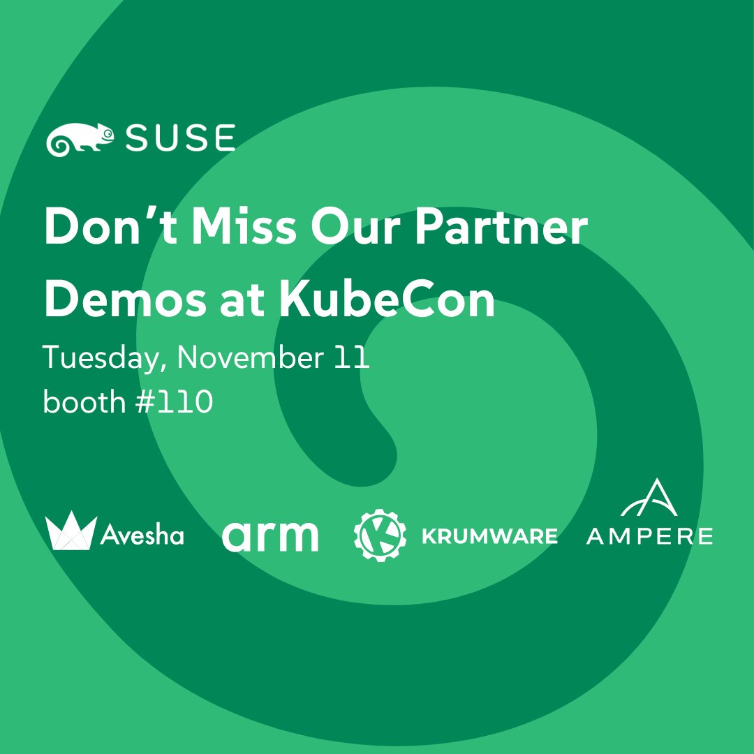 SUSE's tweet image. 🔥 Don’t miss the Partner Showcase at SUSE Booth #110 during #KubeCon + #CloudNativeCon NA!

Live demos with @AveshaSystems @Arm @krumware @AmpereComputing — from supply chain security to observability.

👉 See the integrations. Meet the experts. Booth #110.

#SUSE…