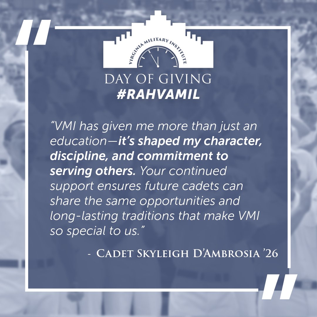 Tomorrow is VMI’s Day of Giving! Before we kick things off, take a look at what current cadets have to say about what VMI means to them. Your gifts impact all areas of the cadet experience. 

Are you ready? Let’s go.

vmialumni.org/landing/vmi-da…