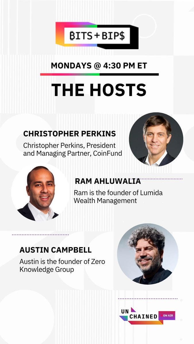 laurashin's tweet image. Then there’s ₿its + Bip$ 💰The Group Show

Where macro, TradFi, and crypto collide, explained without the jargon.

🎙️ Co-hosts:

1. Christopher Perkins ( @perkinscr97 ) — President, CoinFund
2. Ram Ahluwalia ( @ramahluwalia ) — Founder, Lumida Wealth
3. Austin Campbell (…