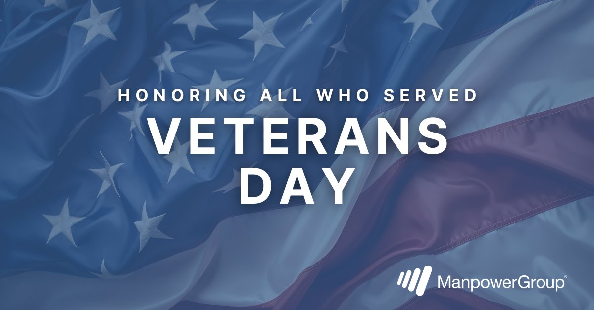 rightmanagement's tweet image. This #VeteransDay, we honor those who’ve served with courage and dedication. At #ManpowerGroup, we’re proud to support veterans as they bring purpose and leadership to the workforce. Thank you for your service and sacrifice. #ThankAVeteran