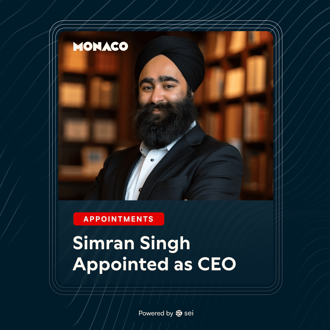 Monaco Research has appointed Goldman Sachs alum Simran Singh as CEO.

Singh, previously Head of DeFi Trading at <a href="/GSR_io/">GSR</a>, will align <a href="/MonacoOnSei/">Monaco Protocol</a>’s development of Wall Street-grade trading infrastructure with the demands of professional traders.

"Monaco's infrastructure is going