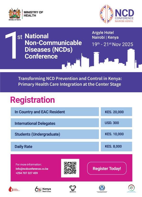 Join us for the 1st National Non-Communicable Diseases (NCDs) Conference happening 19th–21st November 2025 at Argyle Hotel, Nairobi.

🎯 Theme: Transforming NCD Prevention and Control in Kenya: PHC Integration at the Center Stage
#NCDConferenceKenya #NCDs  #PrimaryHealthCare