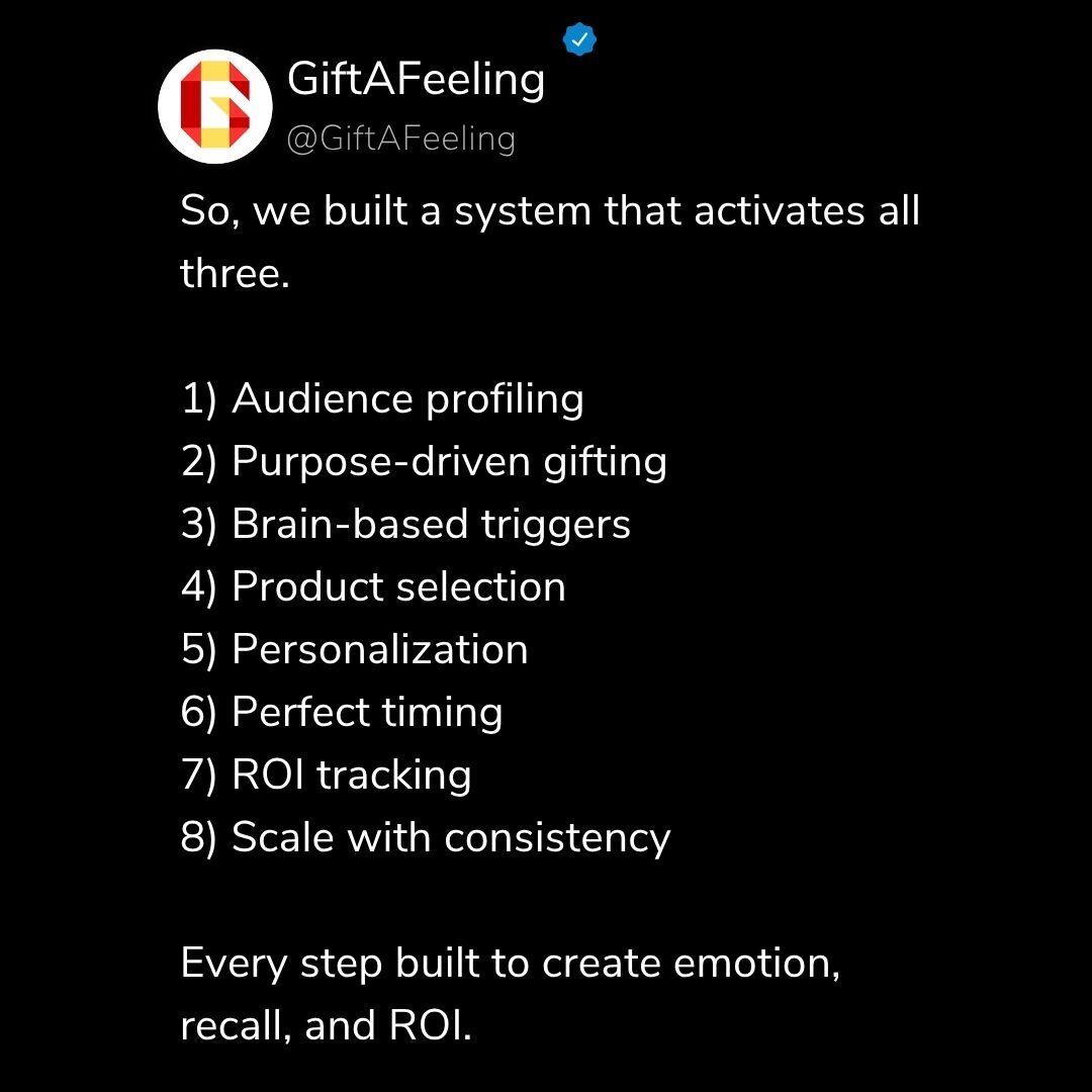GiftAFeeling's tweet photo. After 5 years of research, here's our proven system for corporate gifts that drive emotion, recall, &amp; ROI:

1️⃣ Know your audience
2️⃣ Set an emotional purpose
3️⃣ Trigger dopamine, oxytocin &amp; serotonin
4️⃣ Choose premium, useful gifts
5️⃣ Personalize &amp; time it right

#Gifting #Roi https://t.co/5xsQoenjvT