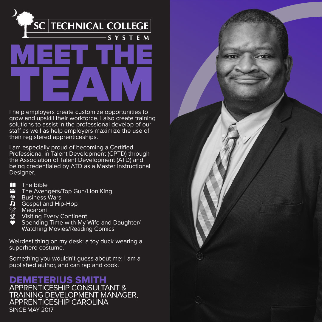 SCTechSystem's tweet image. It’s our people who set us apart. Meet the talented team ensuring affordable, accessible, and relevant career and technical education for all South Carolinians!

Presenting Apprenticeship Consultant and Training Development Manager, Demeterius Smith.

#MeetTheTeam