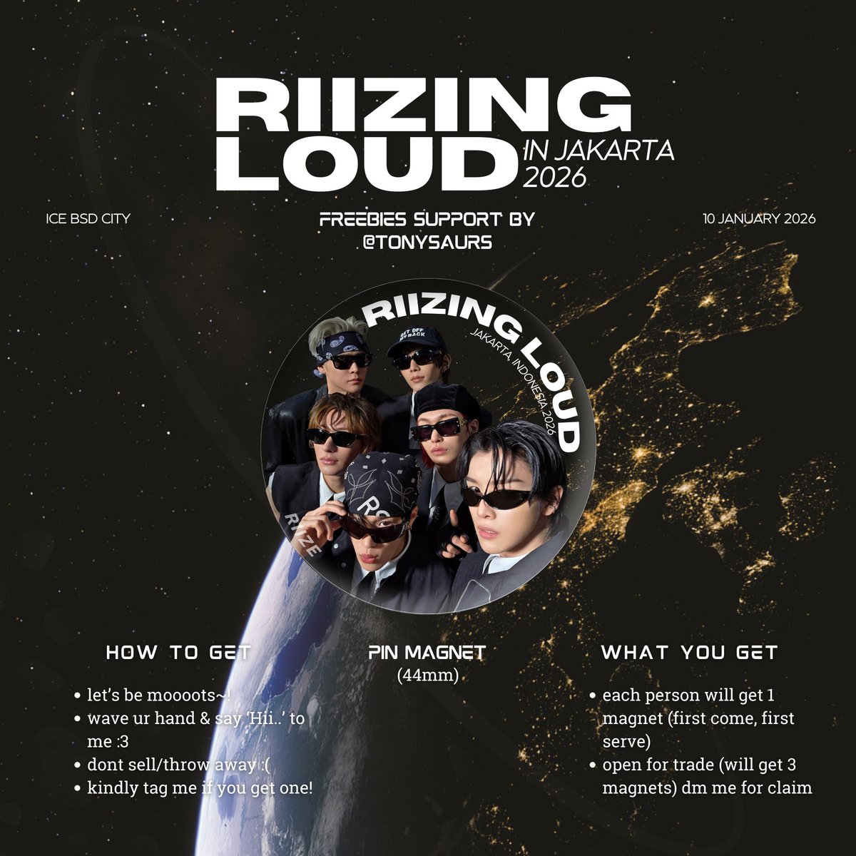 tonysaurs's tweet image. ૮₍„• ֊ •„₎ა freebies alert !!

Riizing Loud in Jakarta 2026 edition ✨
☆RTs &amp;amp; Likes are appreciated☆

by @tonysaurs 🦕
— limited qty!!
— claim info on pict
— open for trade, dm me🧡

📆 10 Jan 2026 | 📍 ICE BSD
#RIIZINGLOUDinJAKARTA #RIIZE