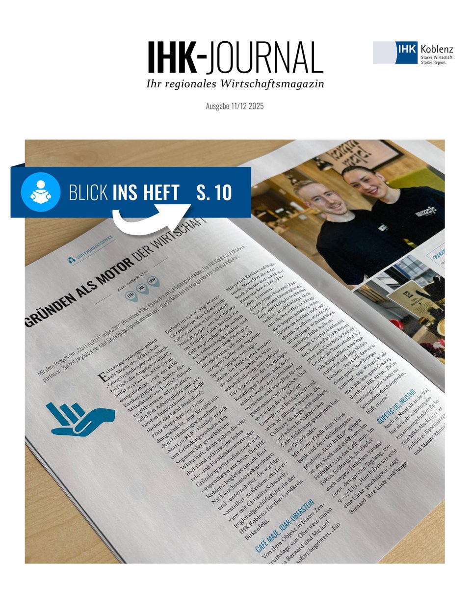 📰 Mut, Ideen und Unternehmergeist: Mit dem Gründungsstipendium Start.in.RLP unterstützt Rheinland-Pfalz Menschen, die ihre Geschäftsidee in die Tat umsetzen wollen. 
🔗 Mehr dazu im aktuellen IHK-Journal: bit.ly/481D4Zt