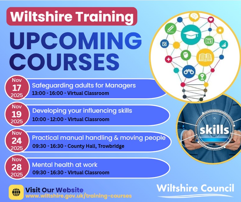 💡Expand your knowledge this month with Wiltshire Training's expert-led courses 💡

Visit our website to find out more book online: 

orlo.uk/1ICDM

*If you work in a school, please book via Right Choice.