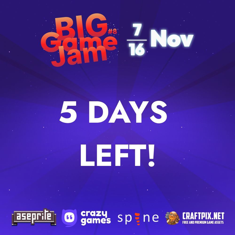 GDevelopApp's tweet image. 🚨 The GDevelop Big Game Jam #8 has officially STARTED! 🚨
🎮 Theme: Take Control 🕹️
You’ve got one week to create your masterpiece — show us your creativity, weirdness, and power! 💥
Join now 👉 itch.io/jam/gdevelop-b…
#GDevelop #GameJam #IndieDev #TakeControl