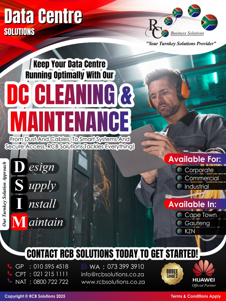 rcb_solutions's tweet image. RCB Solutions | Data Centre Solutions | Keep Your Data Centre Running Optimally With Our DC Cleaning &amp;amp; Maintenance

Tel | 010 595 4518 | 0800 722 722
Email | enquiries@rcbsolutions.co.za
Website | rcbsolutions.co.za

“Your Turnkey Solutions Provider!”