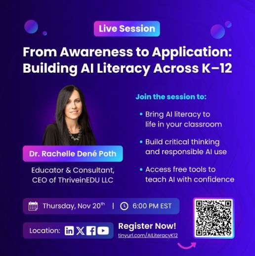 Looking forward to moderating this discussion on November 20th. Sign up at buff.ly/zO3OoJF or scan the QR to join us LIVE or get the recording. Be part of the conversation around #AI #Literacy in #education #edtech #edchat <a href="/LearningGenie/">Learning Genie</a>