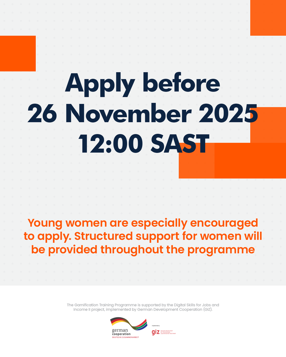 Calling all developers, designers, and creatives!

This opportunity is tailored for you. Women, we especially encourage you to apply. 

🔗shorturl.at/JafUj

🛑26 Nov 2025

#gizsouthafrica #creatives #gamification #TshimologongTheFuture #WitsInnovation

<a href="/WitsUniversity/">Wits University</a>