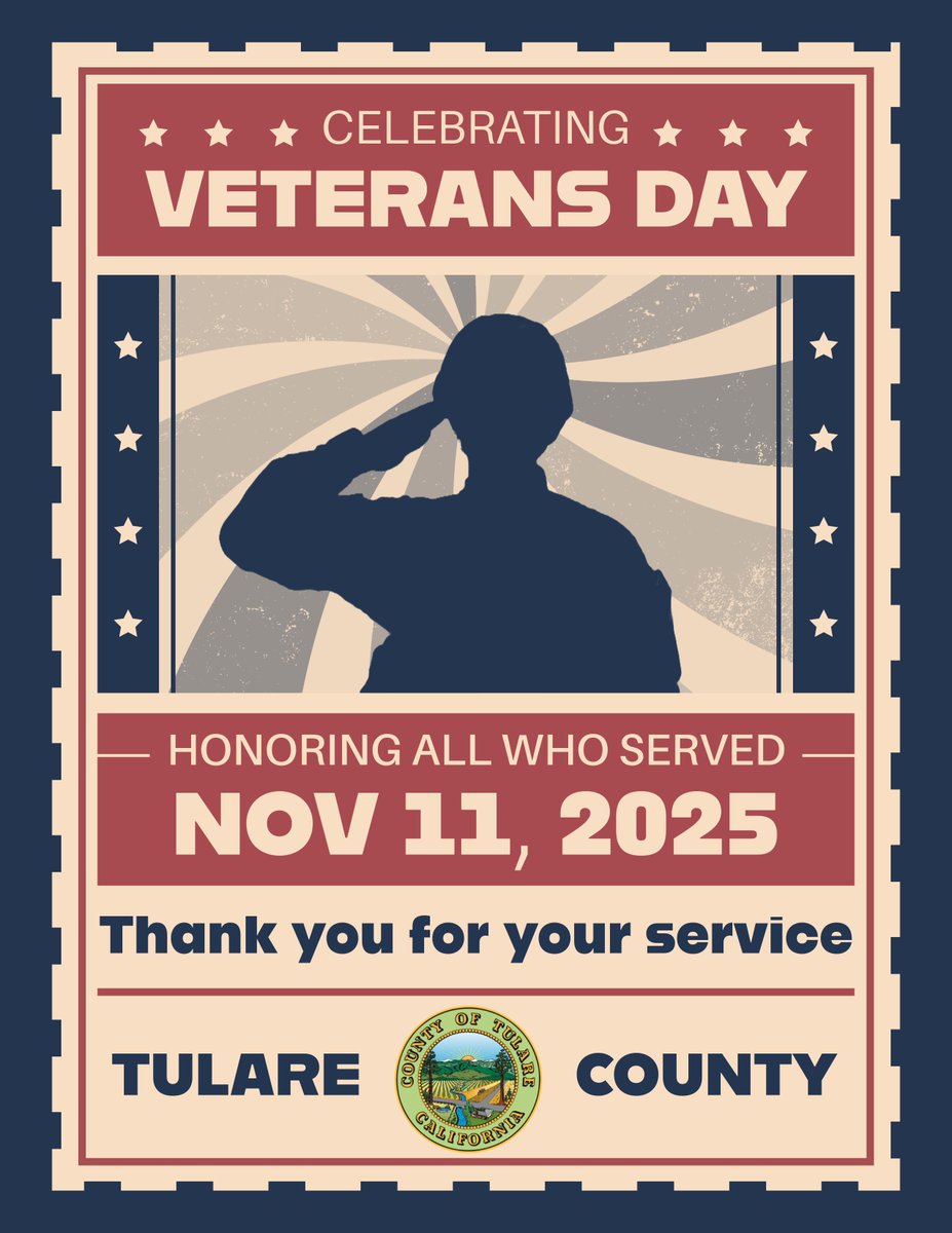 Thank you for your service! Tulare County salutes you on Veterans Day.

Tulare County offices are closed for the holiday and will reopen tomorrow with normal business hours.

#TulareCounty #VeteransDay #ThankYouforYourService