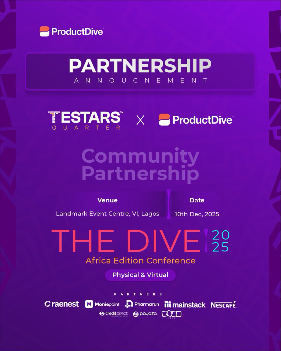 We’re thrilled to welcome <a href="/TestarsQuarterr/">TestarsQuarter</a> as one of our community partners for The Dive Africa Edition Conference 2025! 🤝

Together, we’re bringing product minds across Africa to connect, learn, and grow.

📍 Landmark Event Centre, VI
📅 Dec 10th

productdive.com/the-dive-2025-…