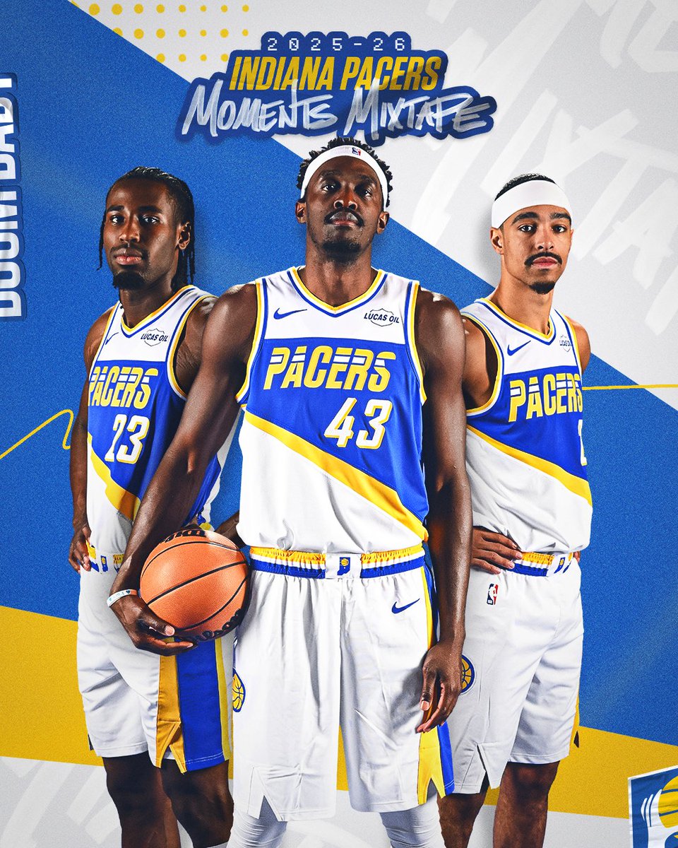 Pacers's tweet image. A remix of fan favorite uniforms, inspired by the iconic styles of the 70s, 80s &amp;amp; 90s 💙🤍

Our 2025-26 City Edition uniforms are here.

Shop now: PacersTeamStore.com